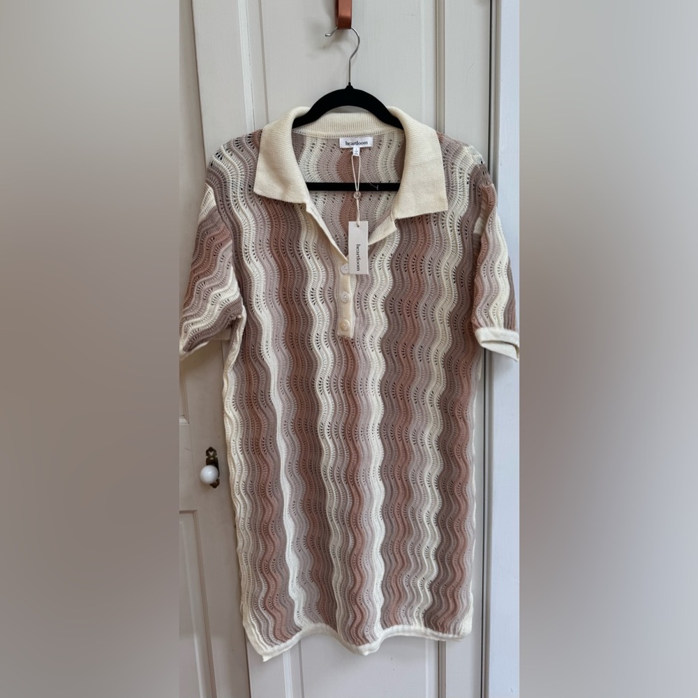 Heartloom Wavy Knit Polo Dress Cover Up Tan Cream Anthropologie Style NWT